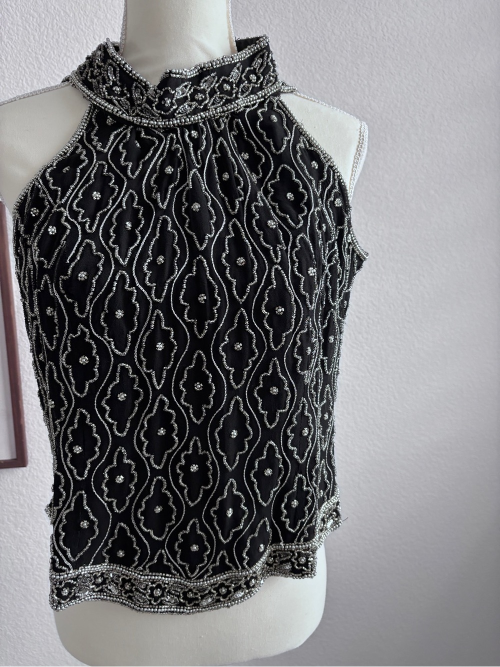 MARINA Black Beaded Halter Camisole with Silver Accents